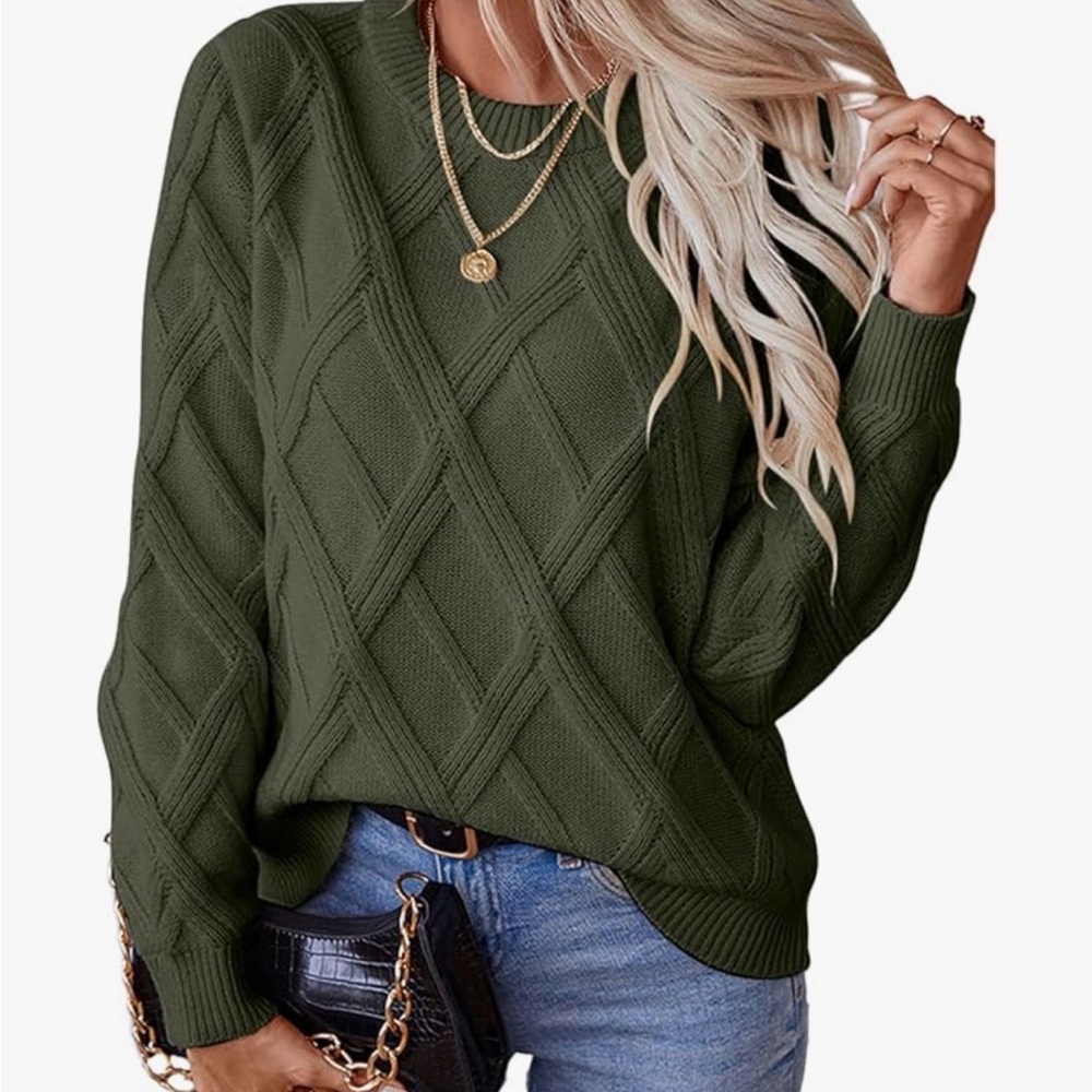 Olive Green Cable Knit Pullover Sweater - Women
